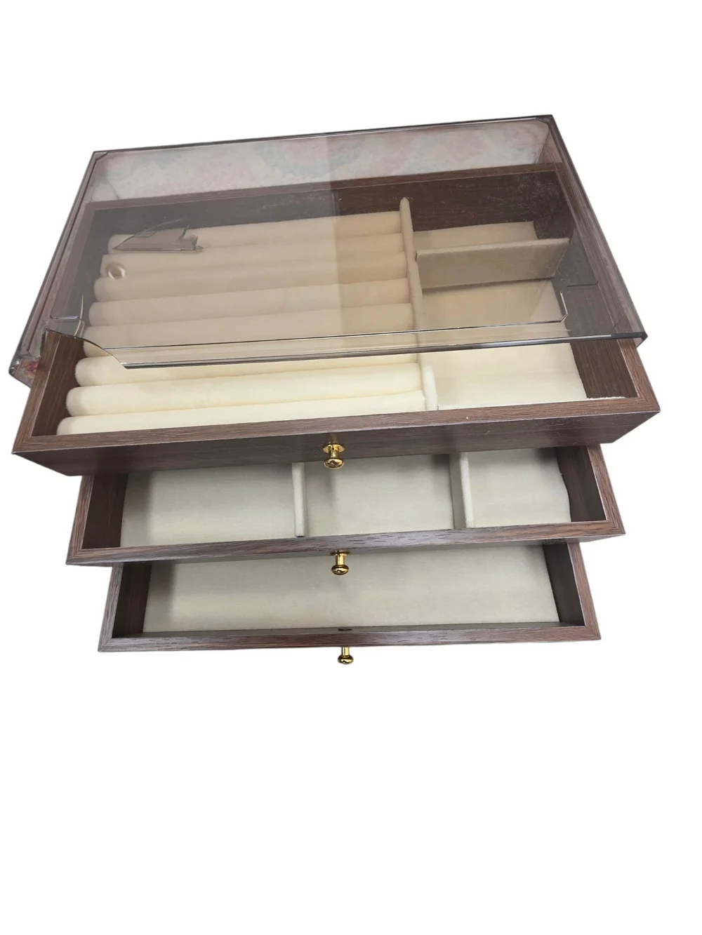 3-Layer Wooden Jewelry Box with Clear Acrylic Lid — New Open Box